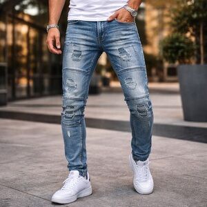 GSTR‎ Men’s Distressed Slim Fit Biker Moto Jeans Blue Stretch Denim Y2K 30